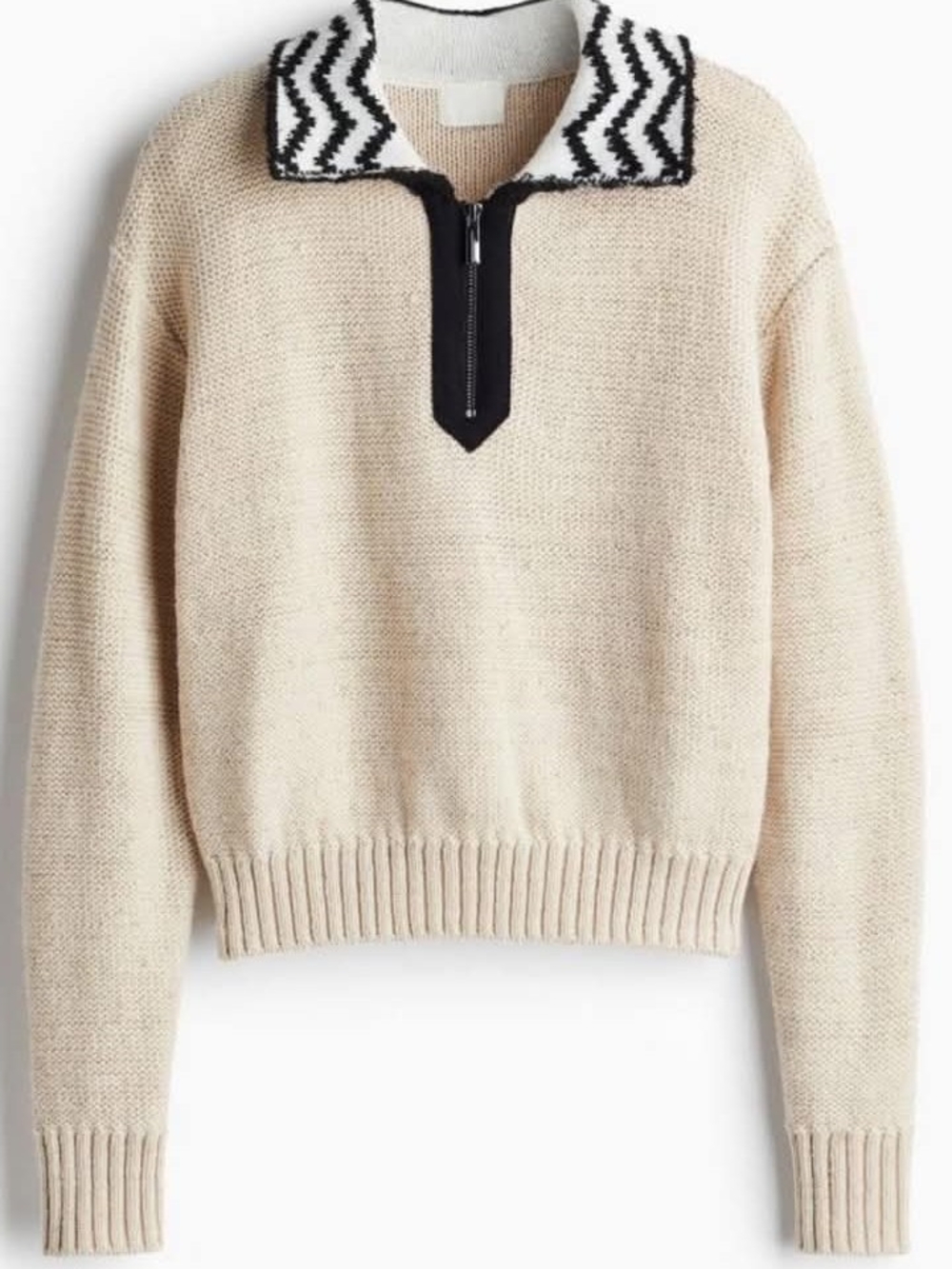 NWT H&M Contrast Striped Collared Zip-Front Polo Sweater In Cream/Black - M - Picture 3 of 8